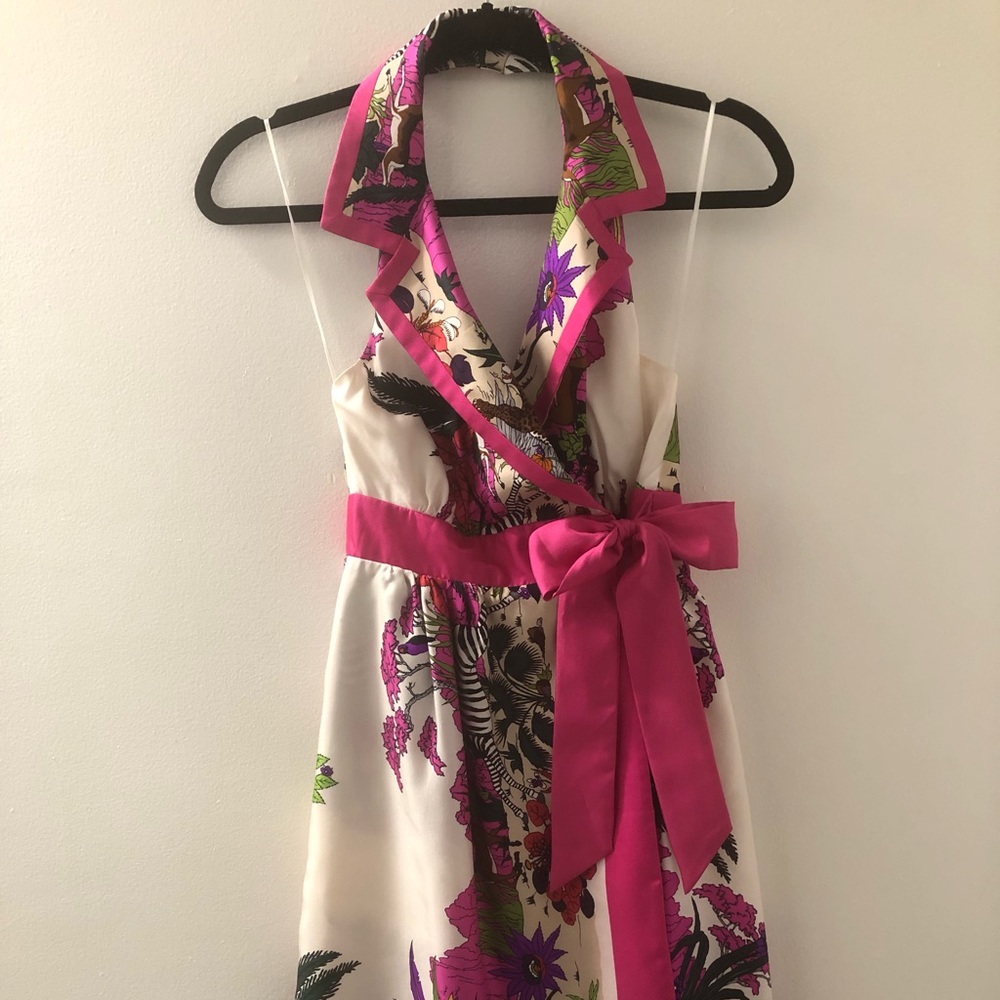 Tibi Halterneck Wrap Silk Collared Dress Animal Print With Pockets Size 2